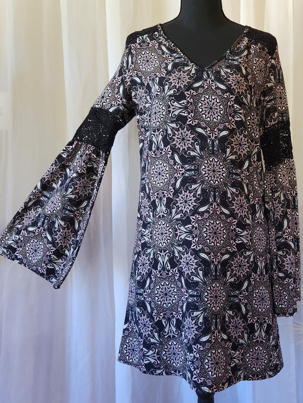 Goth Boho Bell Sleeve Mini Dress Crochet Lace Cutout Paisley Festival Whimsigoth